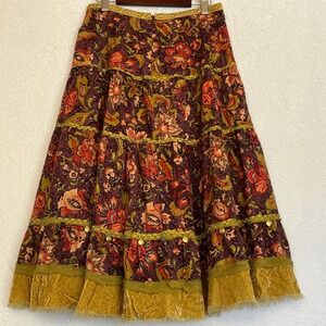 Floral Tiered Midi Skirt Purple Green Pink Medallion Bohemian Festivalcore Small